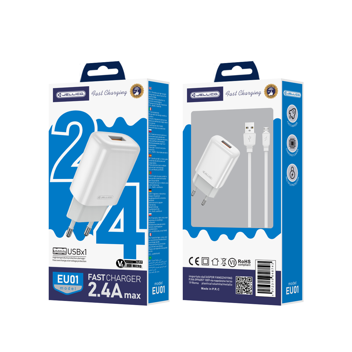 JELLICO EU01 CARICATORE COMPLETO CON CAVO USB TO MICRO